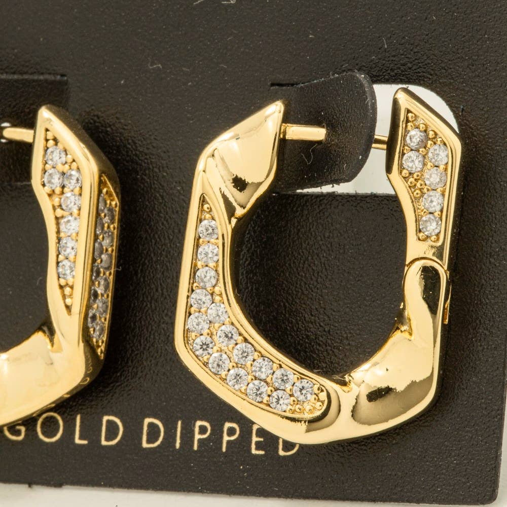 Gold Dipped Cz Pave Single Curb Link Hoop Earrings