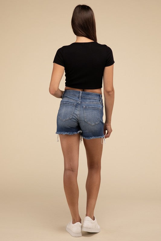 Mid Rise Raw Frayed Hem Denim Shorts Zenana