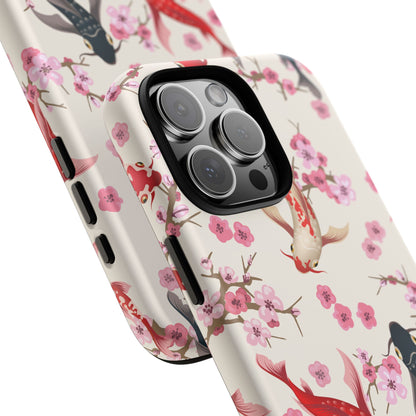Koi Blossom Tough Phone Case Dual Layer Protective Cover With Shock Absorbent TPU And PC For Cherry Blossom Koi Lovers