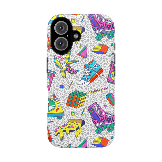 Retro 90s Pattern Phone Case — Roller Skates, Rubik Cube & Cassette Design