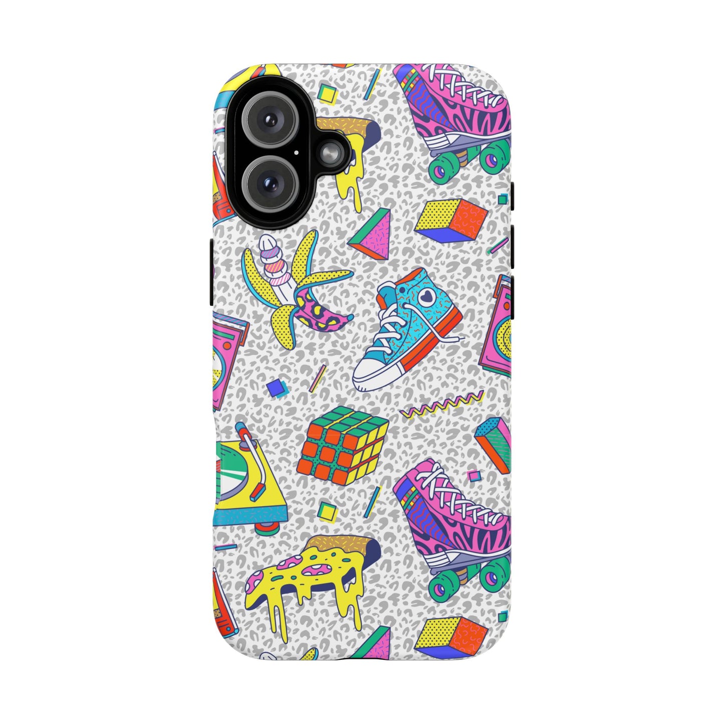 Retro 90s Pattern Phone Case — Roller Skates, Rubik Cube & Cassette Design