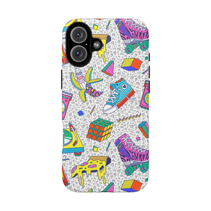 Retro 90s Pattern Phone Case — Roller Skates, Rubik Cube & Cassette Design