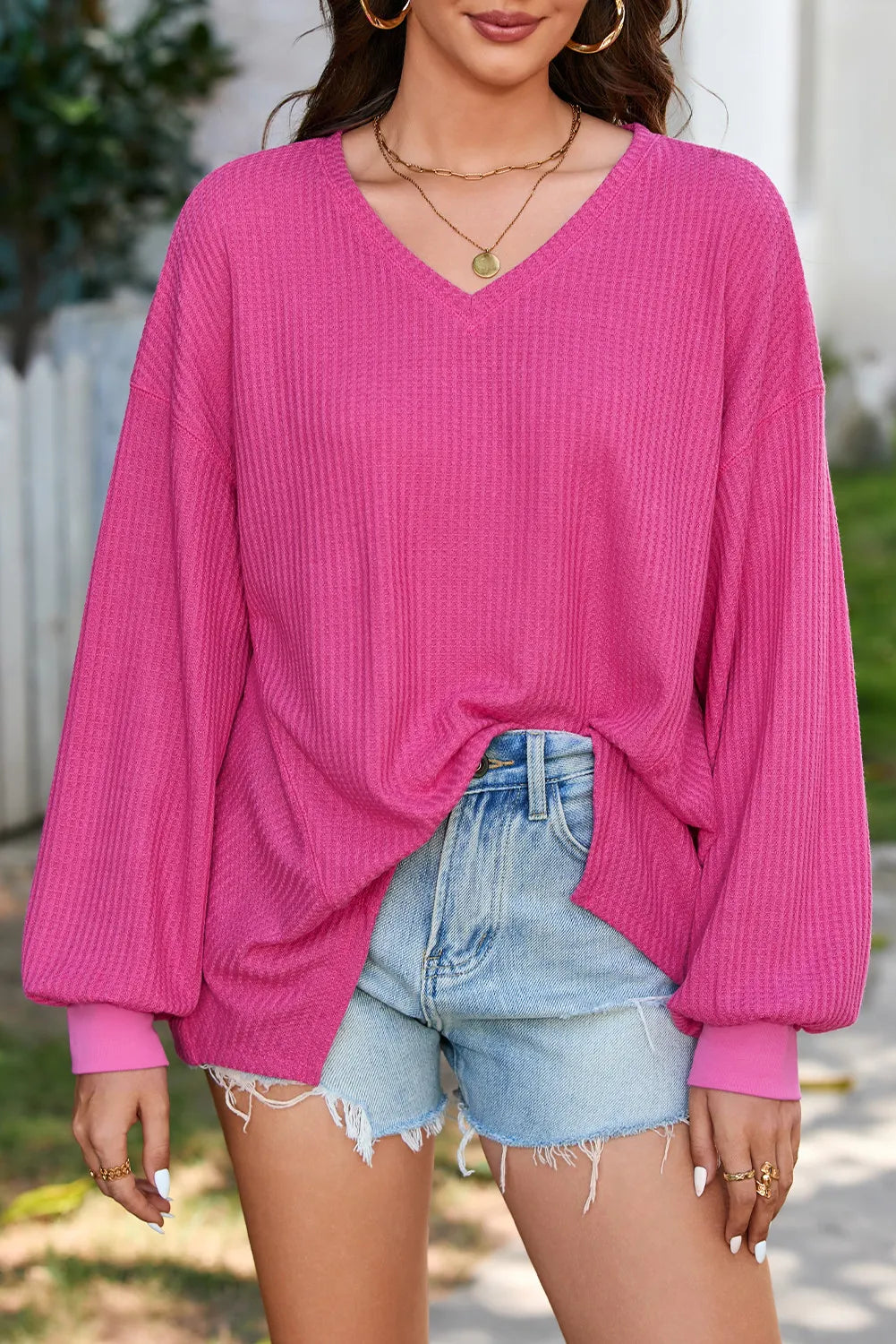 Cozy & Chic Waffle-Knit V-Neck Long Sleeve Top