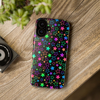 Starburst Neon Phone Case Protective Dual Layer Shock Absorption With Colorful Glow Stars For Trendy Nightlife Fans