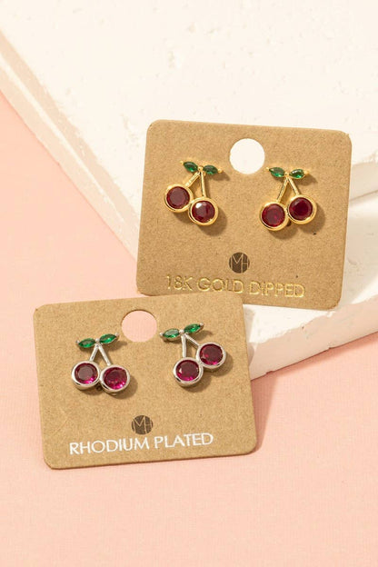 Gold Dipped Cz Cherry Stud Earrings