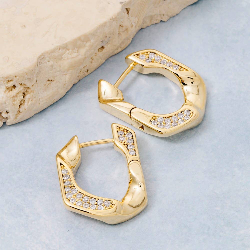 Gold Dipped Cz Pave Single Curb Link Hoop Earrings