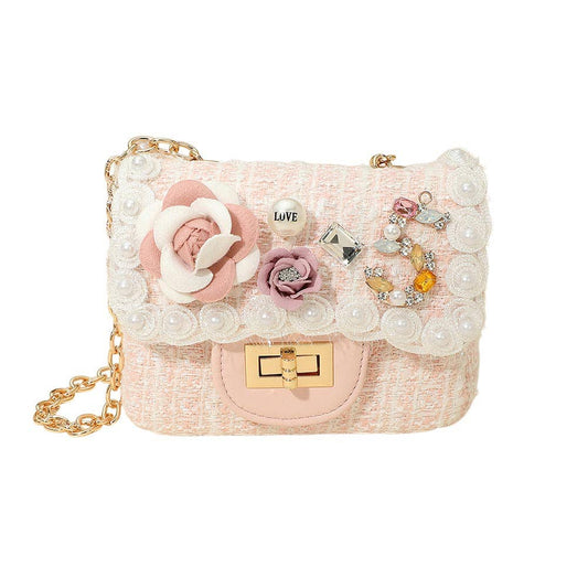 Floral Pearl Stone Cluster Embellished Tweed Mini Handbag / Crossbody Bag