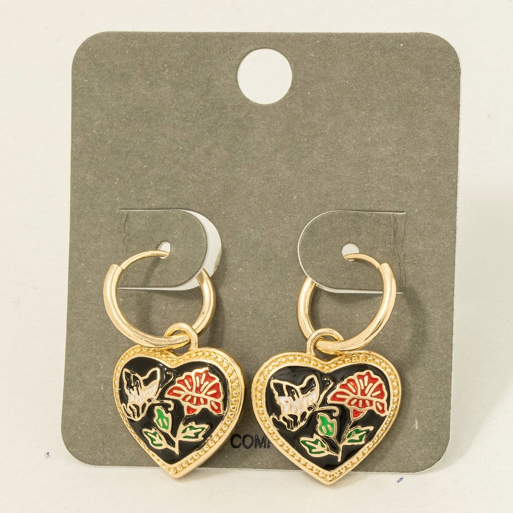 Floral Enamel Heart Charm Hoop Earrings