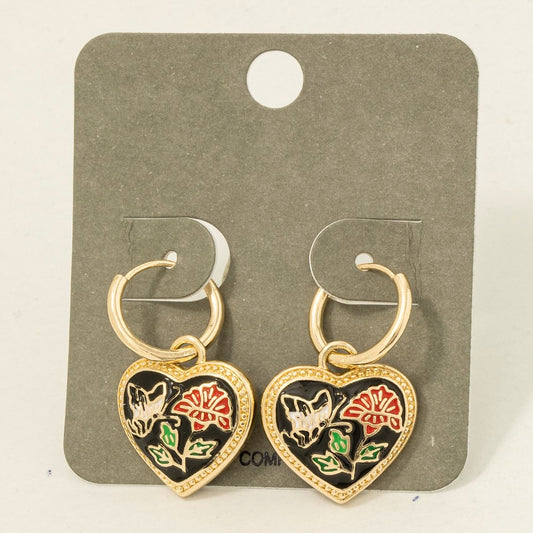 Floral Enamel Heart Charm Hoop Earrings