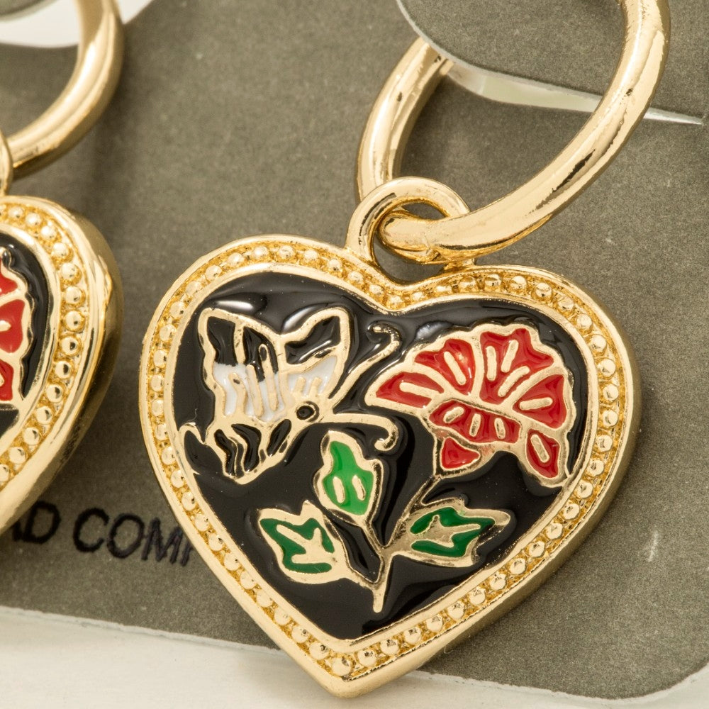 Floral Enamel Heart Charm Hoop Earrings