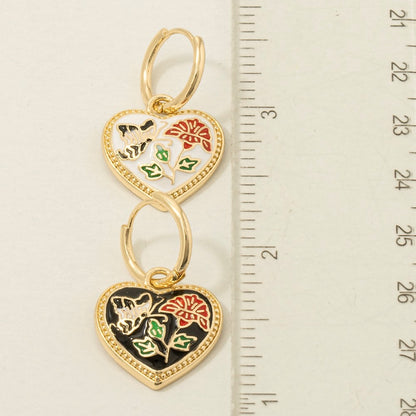 Floral Enamel Heart Charm Hoop Earrings