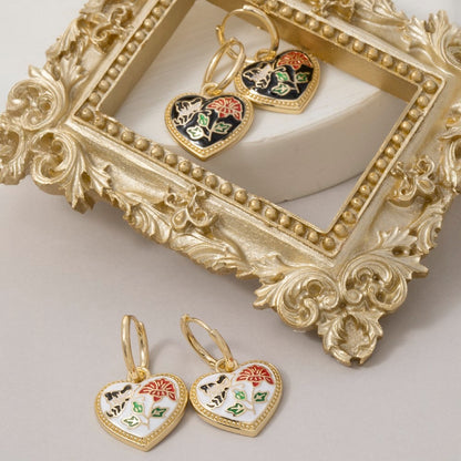 Floral Enamel Heart Charm Hoop Earrings