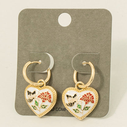 Floral Enamel Heart Charm Hoop Earrings