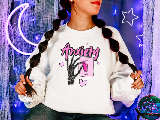 Anxiety Switch Unisex Graphic Sweatshirt - Dark Humor Crewneck in White and Pink