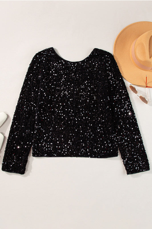 ✨ Dazzle Me Sequin Long Sleeve Top – Black & Chocolate ✨