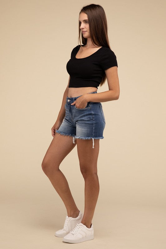 Mid Rise Raw Frayed Hem Denim Shorts Zenana