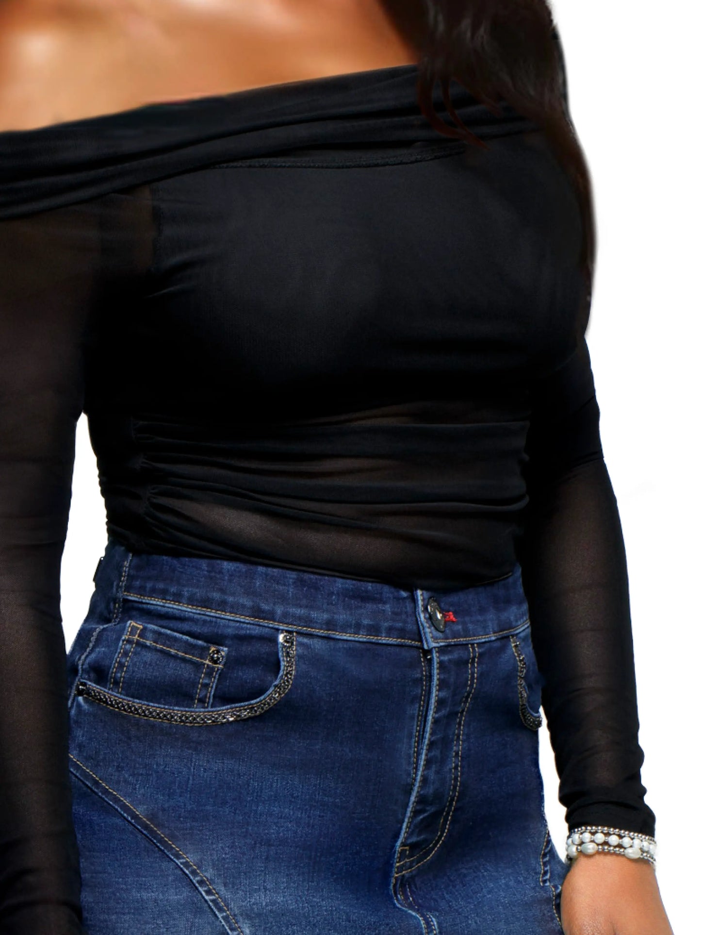 Off Shoulder Mesh Top - Black