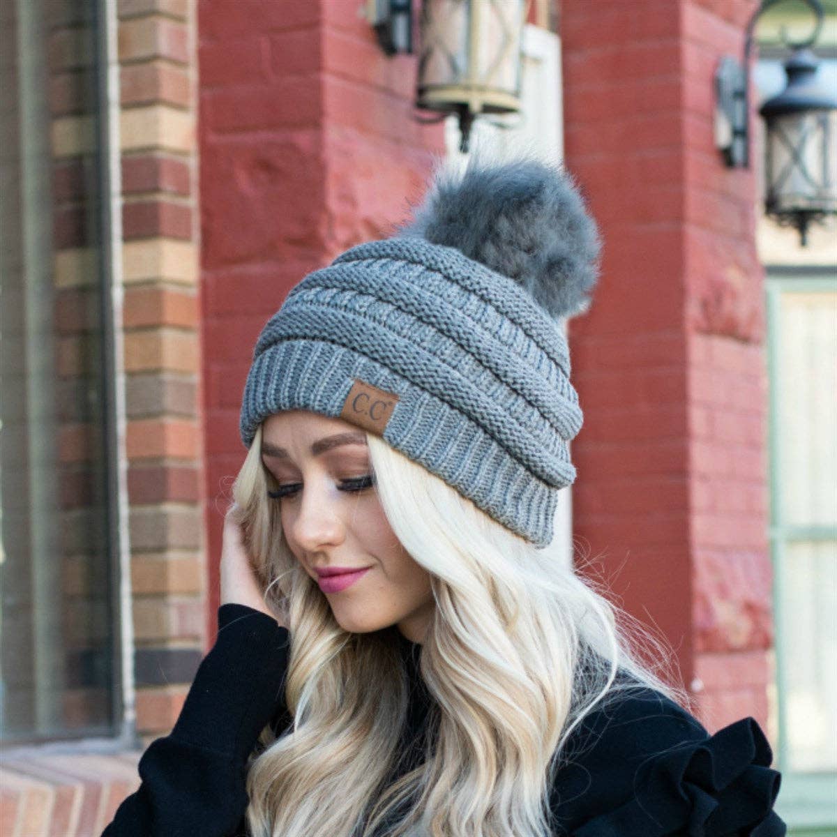 C.C Cable Knit Beanie with Matching Faux Fur Pom - Burgundy