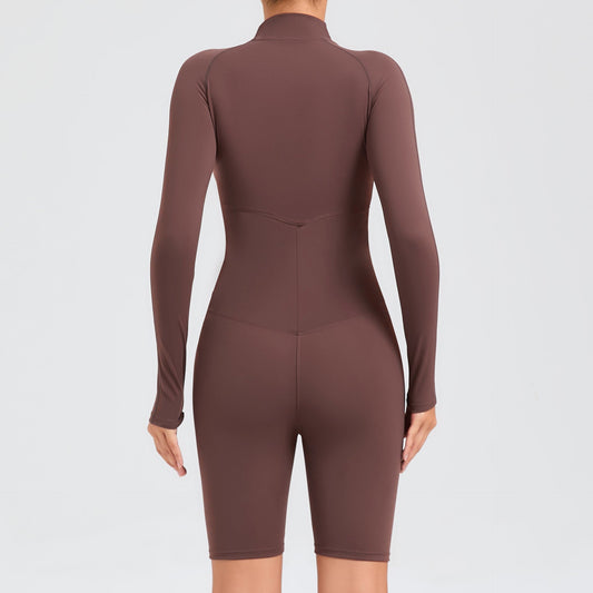 Brown and Navy Long Sleeve Zipper Fitness Sports Romper for Belly Contracting