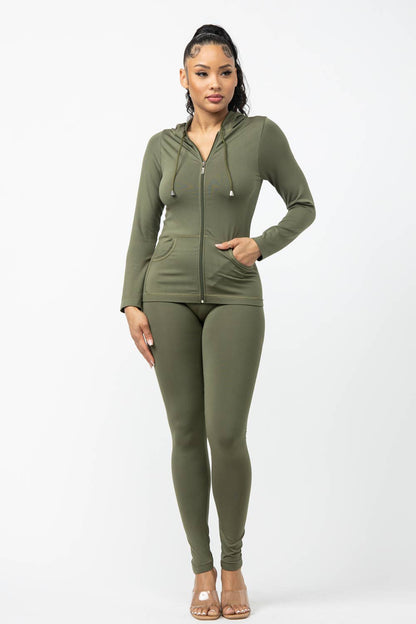 Seamless Zip Up Hoodie Drawstring Jacket With Side Pockets And Leggings Set