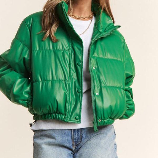 Turtleneck Snap and Zipper Closure Crop Puff Jacket