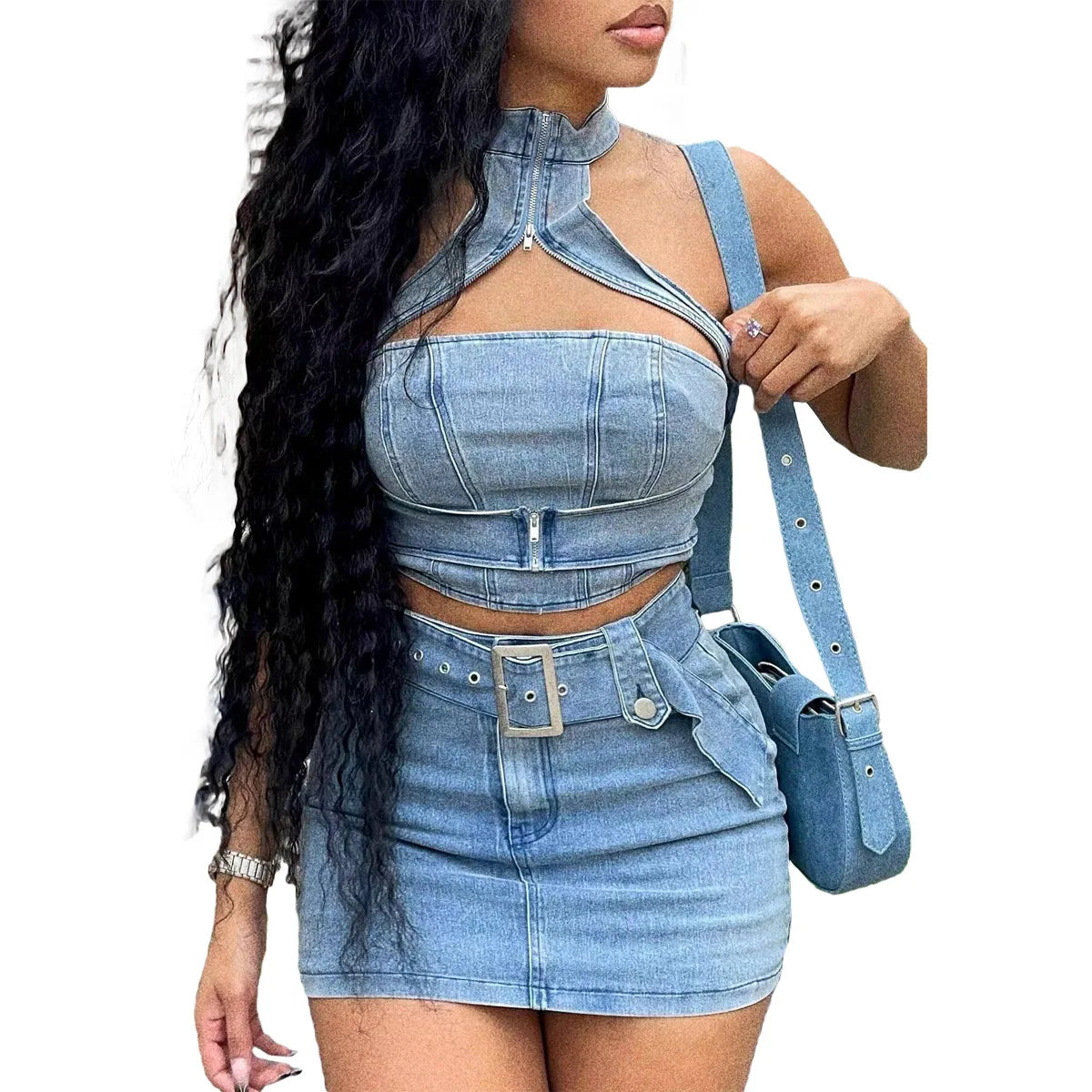 Denim Dress Sets Mini Wrap Buttocks Dress Slim Sheath Solid Two Pieces Sashes Pullover Tops Washed High Street Spliced
