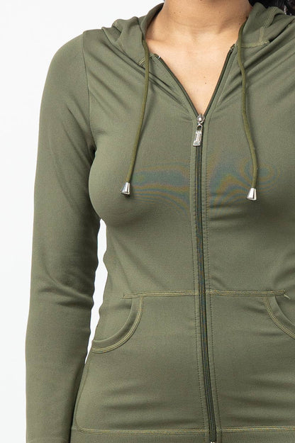 Seamless Zip Up Hoodie Drawstring Jacket With Side Pockets And Leggings Set