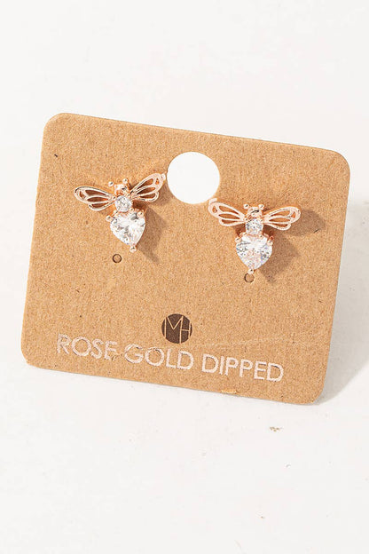 Gold Dipped Cz Bee Stud Earrings