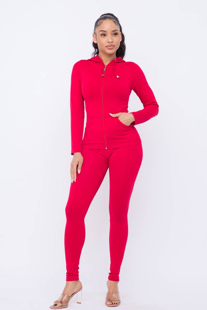 Seamless Zip Up Hoodie Drawstring Jacket With Side Pockets And Leggings Set