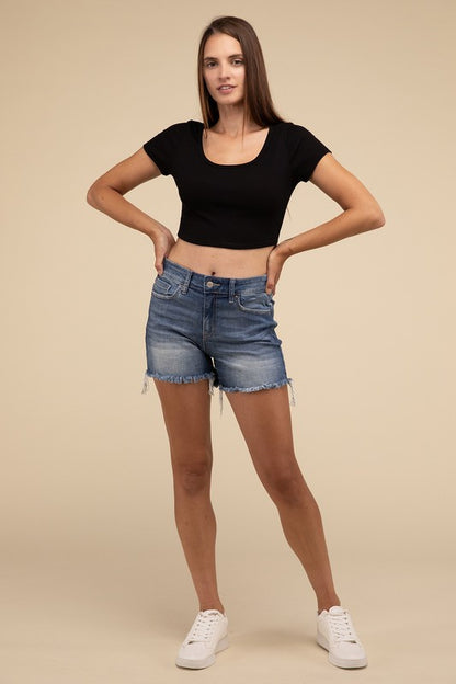 Mid Rise Raw Frayed Hem Denim Shorts Zenana