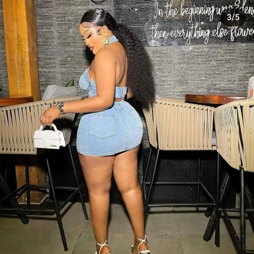 Denim Dress Sets Mini Wrap Buttocks Dress Slim Sheath Solid Two Pieces Sashes Pullover Tops Washed High Street Spliced