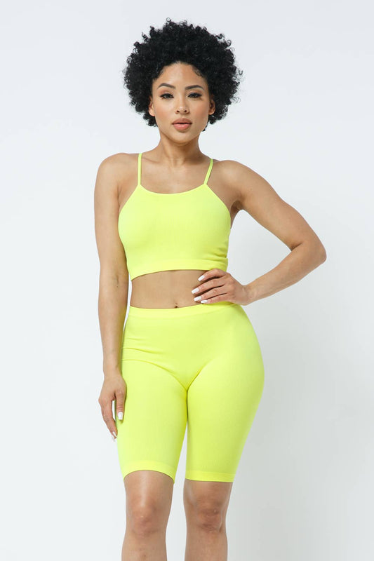Neon Lime Seamless Crop Top and Biker Short Set for Women Gym and Everyday Activewear