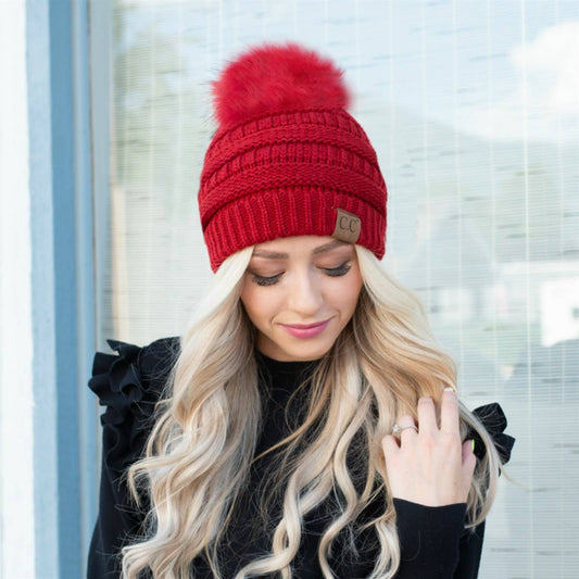 C.C Cable Knit Beanie with Matching Faux Fur Pom - Burgundy