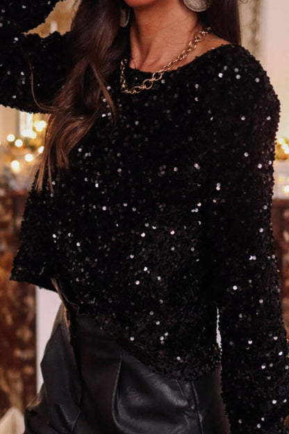 ✨ Dazzle Me Sequin Long Sleeve Top – Black & Chocolate ✨