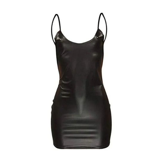 Faux Leather Dress Backless Club Party Short Dress Solid Black Wet Look Latex Bodycon Push Up Bra Mini Micro Dress