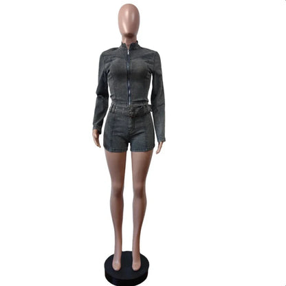 Denim Womens 2 Two Piece Set Stretchy Long Sleeve Zip Up Slim Jackets and Shorts Suits Y2k Streetwear Belt Jean Outfit Sets