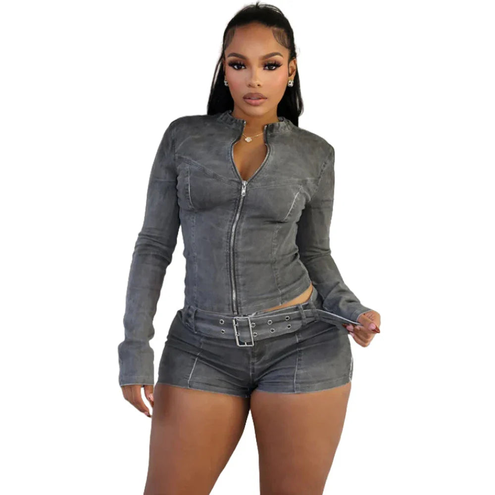 Denim Womens 2 Two Piece Set Stretchy Long Sleeve Zip Up Slim Jackets and Shorts Suits Y2k Streetwear Belt Jean Outfit Sets
