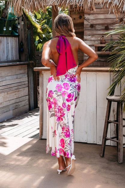 Ivory Satin Floral Print Halter Maxi Dress - FINAL SALE