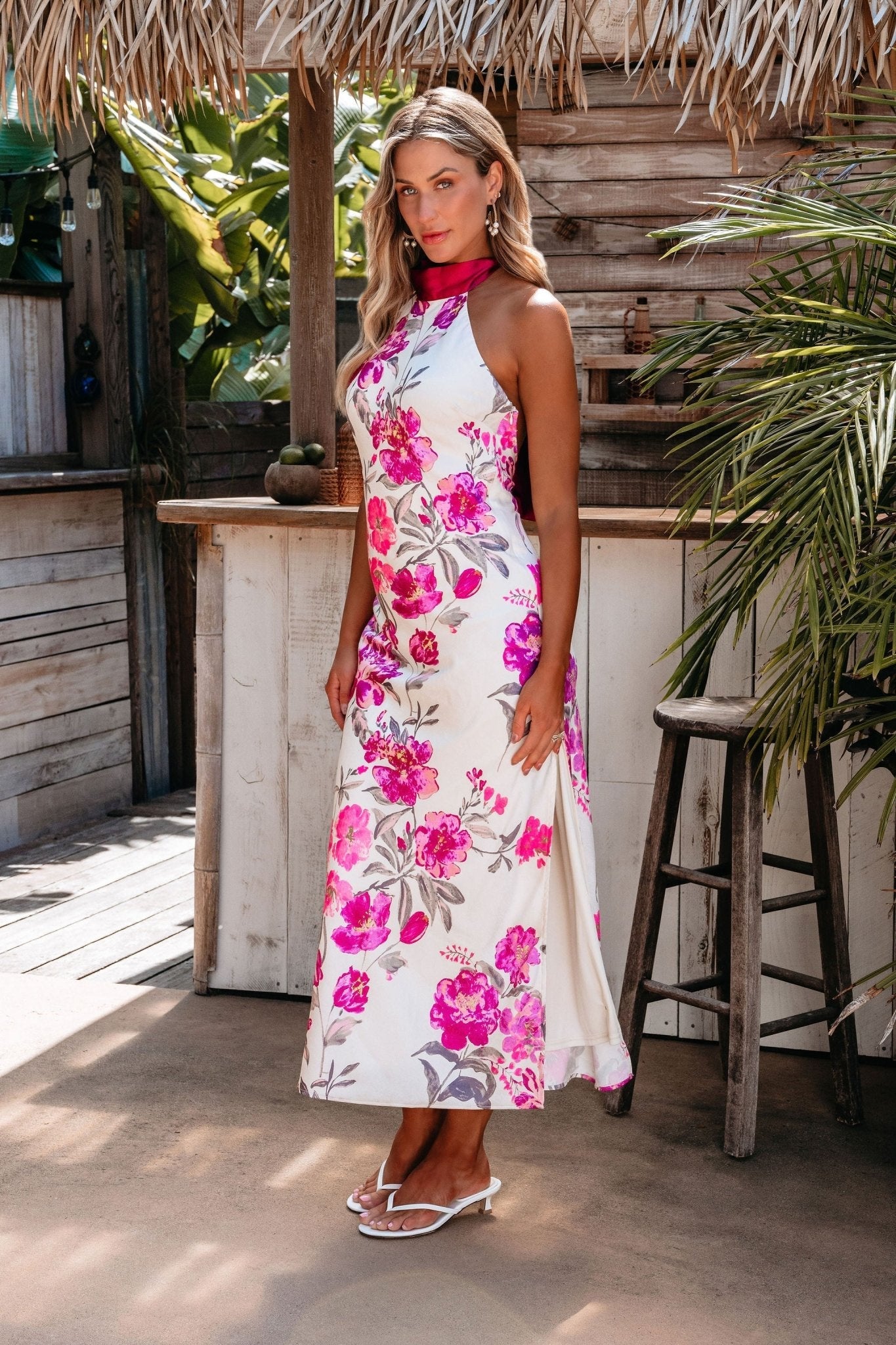 Ivory Satin Floral Print Halter Maxi Dress - FINAL SALE