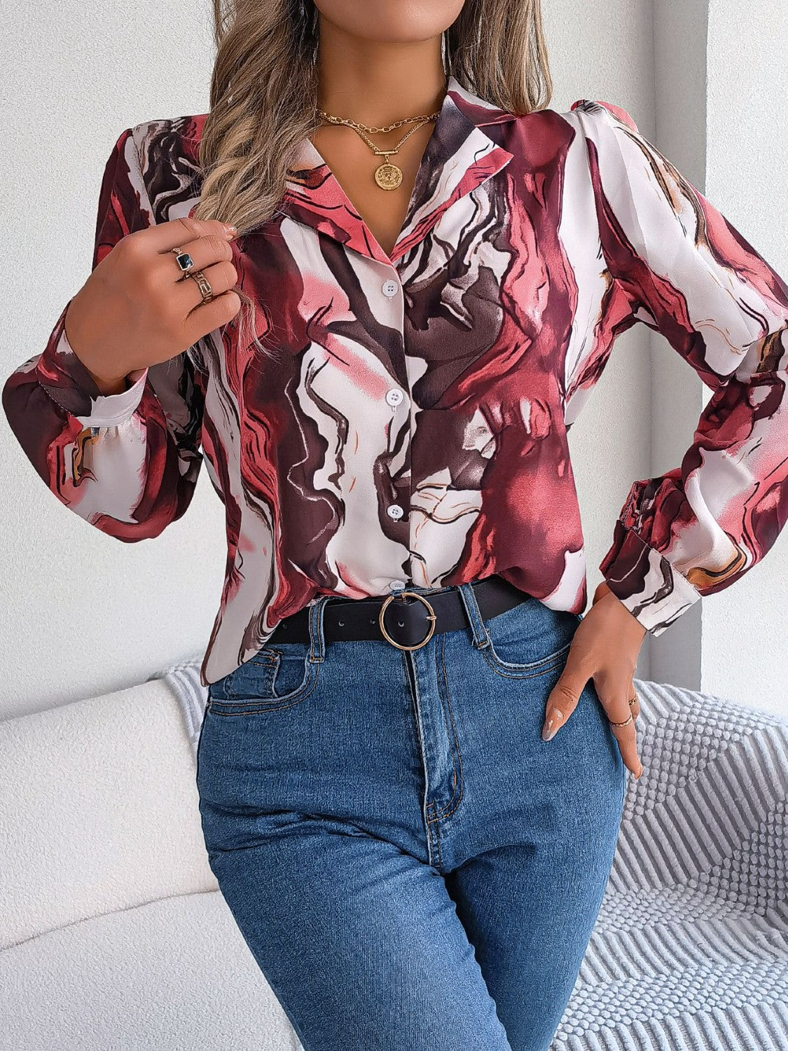 Printed Button Up Long Sleeve Shirt