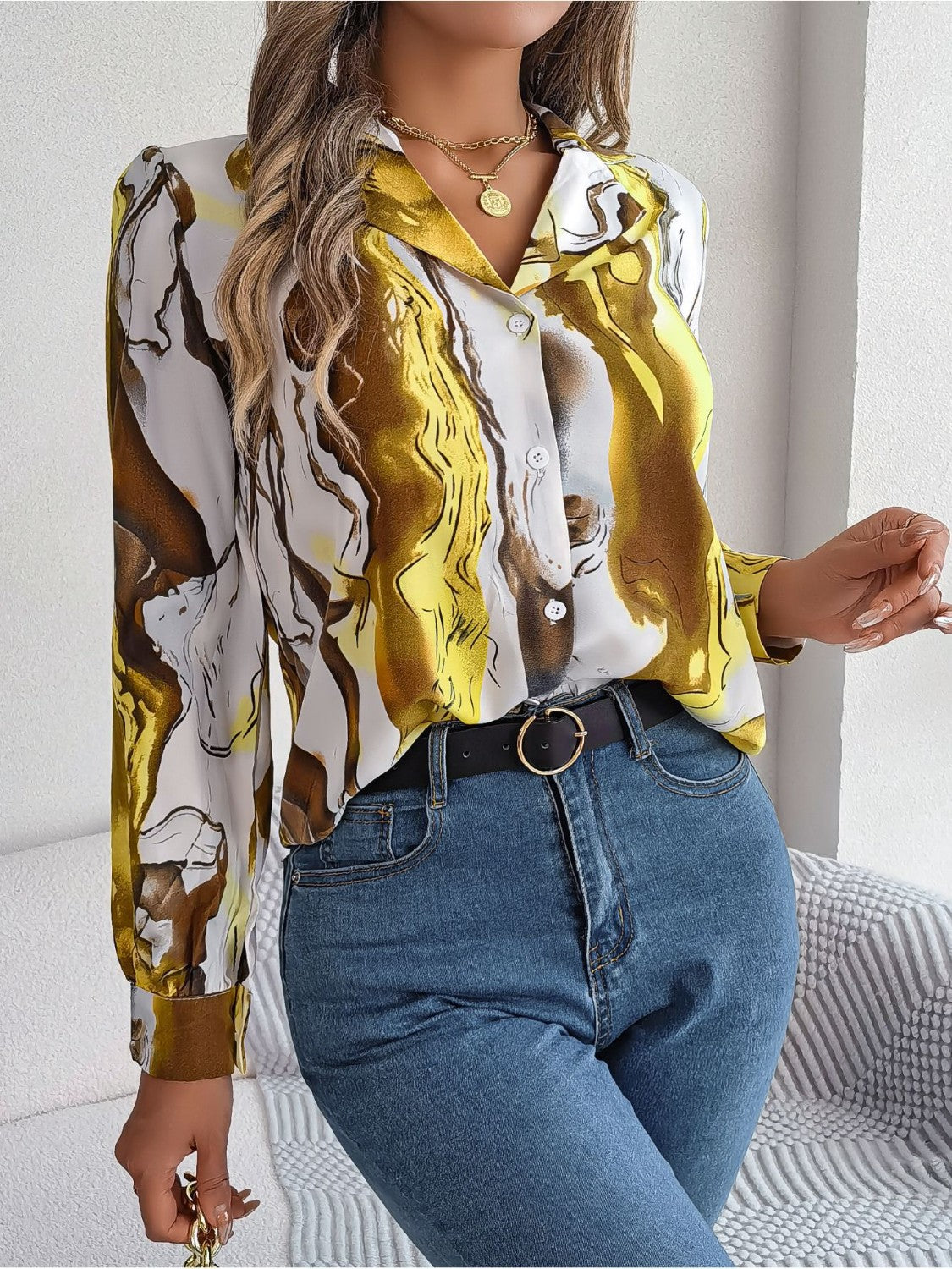 Printed Button Up Long Sleeve Shirt